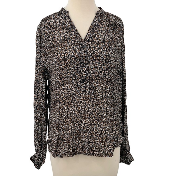 H&M Women's LS Pullover V-Neck Blouse‎ Black/Brown Daisy Floral size 4 NWT - Picture 1 of 8